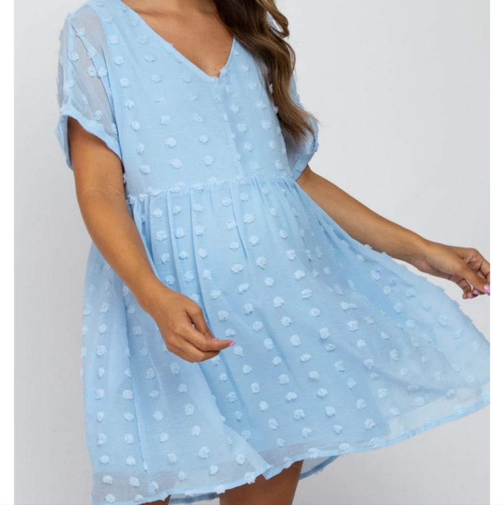 Pinkblush Light Blue V Neck Textured Swiss Dot Maternity Mini Dress Size Medium - Picture 5 of 10